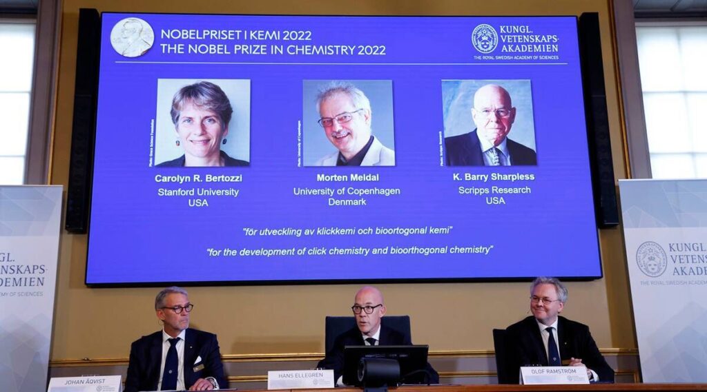 winners of the 2022 Nobel Prize in Chemistry: Carolyn R. Bertozzi (U.S.), Morten Meldal (Denmark) and K. Barry Sharpless (U.S.