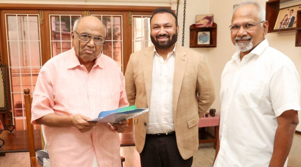 Mani Ratnam and Subhaskaran with Kalki's son Kalki Rajendran (Image: Twitter/Lyca Productions)