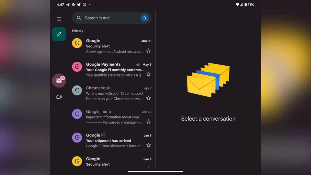 Gmail brings side navigation rail for foldable phones