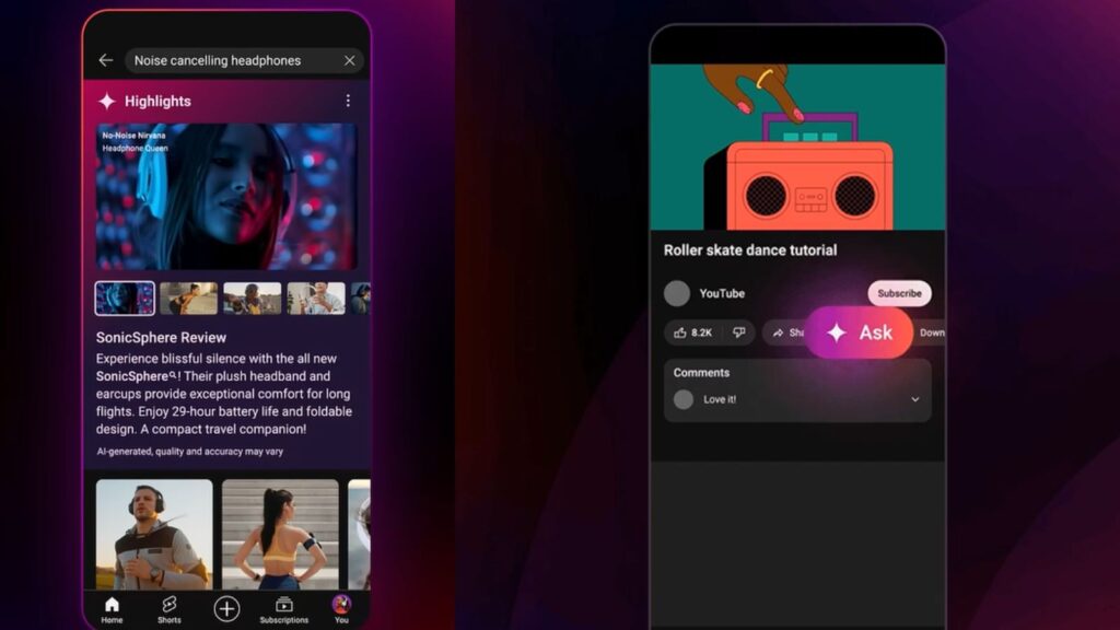 AI-generated summary in YouTube search carousel (left) and conversational AI feature under-testing (right).