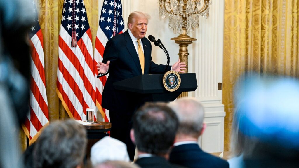 President Donald Trump speaks during a reception for Republican lawmakers at the White House in Washington on Tuesday, July 22, 2025.