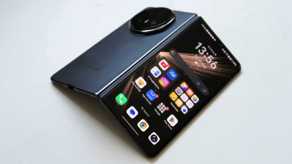 Honor Magic V5 Review: The Everything Phone Honor Magic V5 REVIEW back angled half open