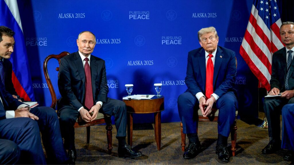 US President Donald Trump during a meeting with Russian President Vladimir Putin, at Joint Base Elmendorf-Richardson, in Anchorage, Alaska. (PTI Photo)