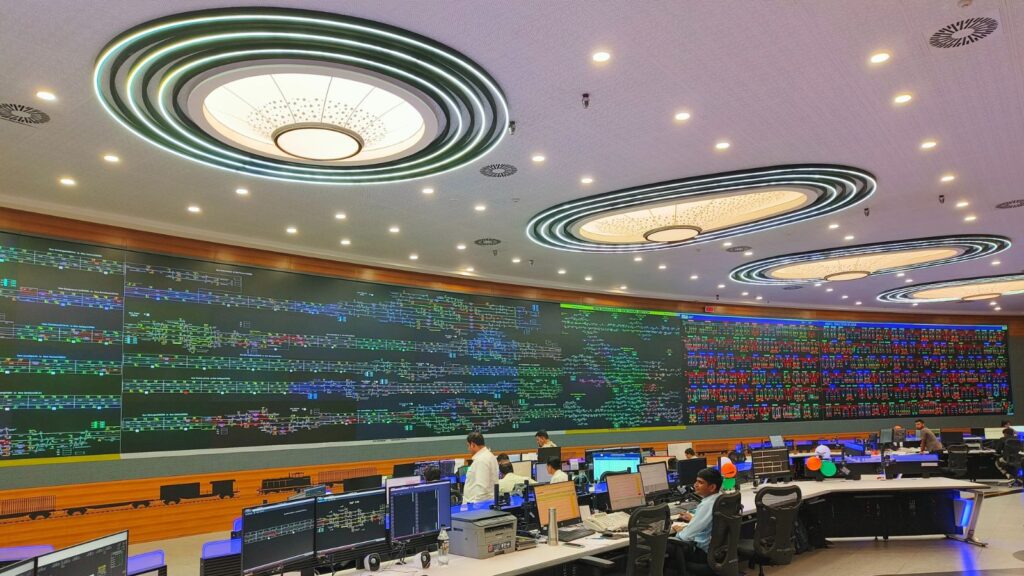 The 72-meter panoramic wall is illuminated with hundreds of lines in red, blue, yellow, green running from one end to the other, resembling the mission control room of a space station. (Express photo)