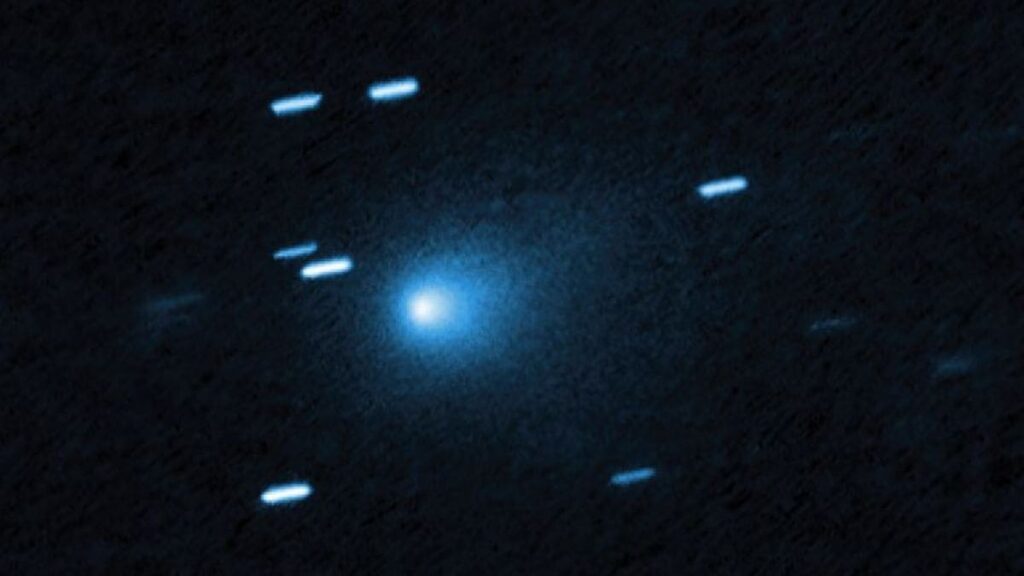 Hubble captured this image of the interstellar comet 3I/ATLAS on July 21, 2025, when the comet was 277 million miles from Earth. Hubble shows that the comet has a teardrop-shaped cocoon of dust coming off its solid, icy nucleus. Image: NASA, ESA, David Jewitt (UCLA); Image Processing: Joseph DePasquale (STScI)