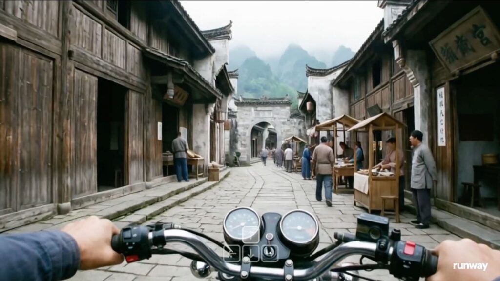 GWM-Worlds allows users to create interactive spaces from a prompt or image reference, generating environments with an understanding of geometry, lighting, and physics. (Image: Runway)