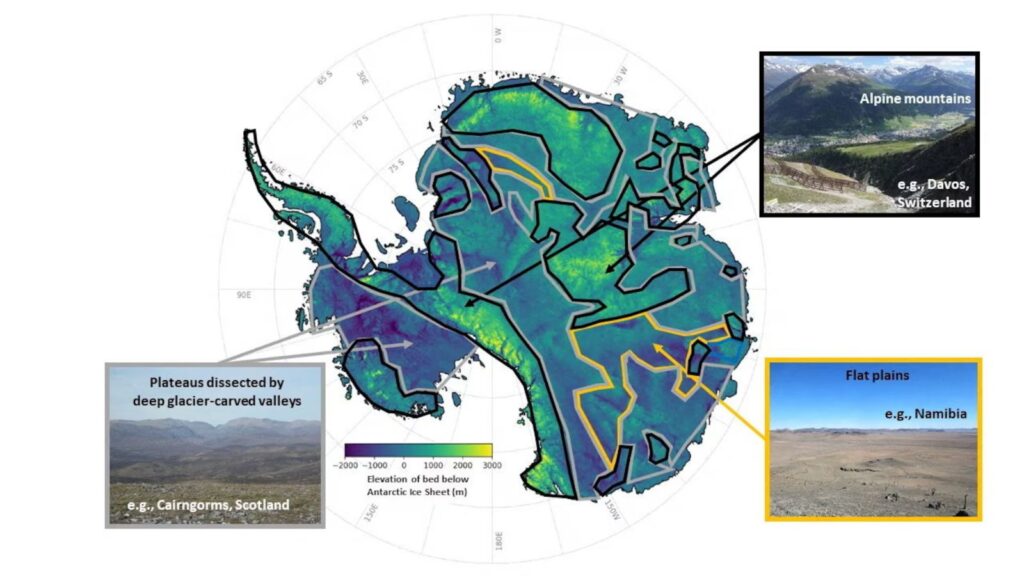 An undated handout image of a map illustrating the subglacial landscape of mountain ranges, deep canyons and wide valleys, as well as tens of thousands of smaller hills and valleys, with comparative examples inset, in Antarctica, obtained by Reuters on January 15, 2026. (Image: Reuters)