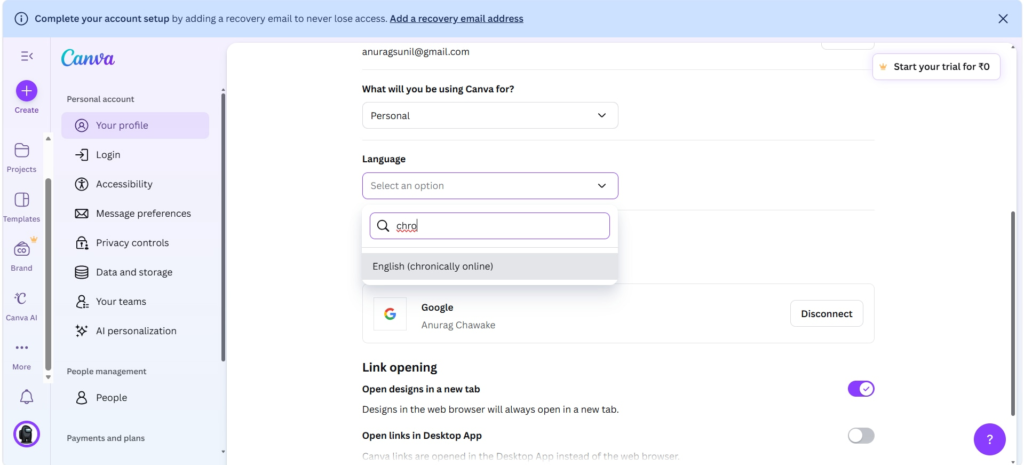 The new language option replaces standard interface text across Canva with internet slang-inspired vocabulary. (Image Source: Canva)