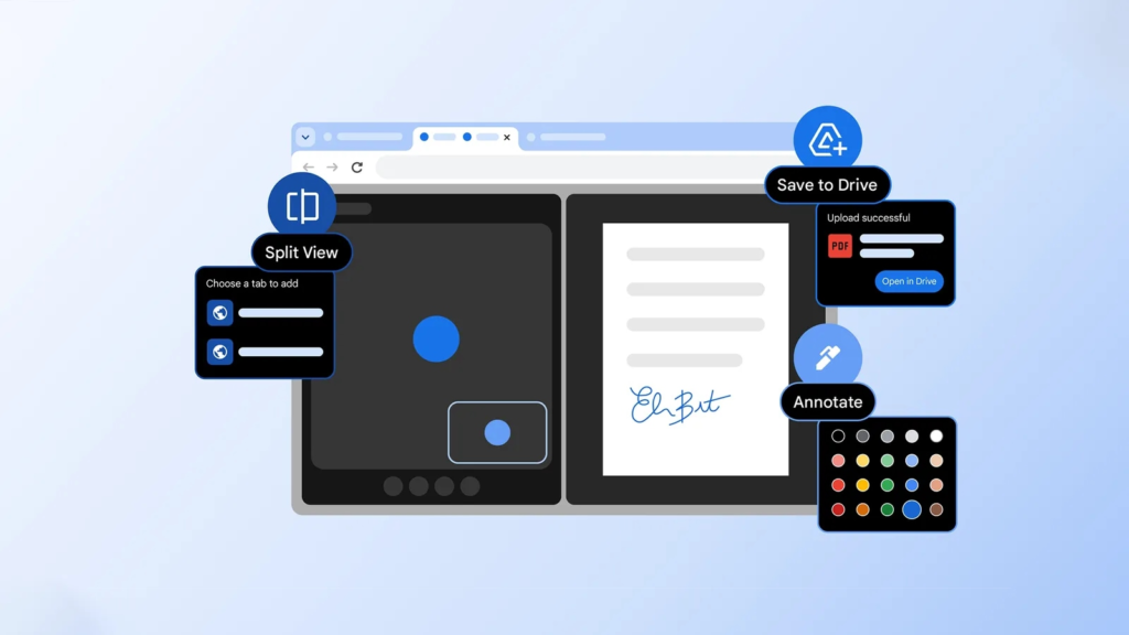Google Chrome introduces productivity tools including Split View and built-in PDF editing.