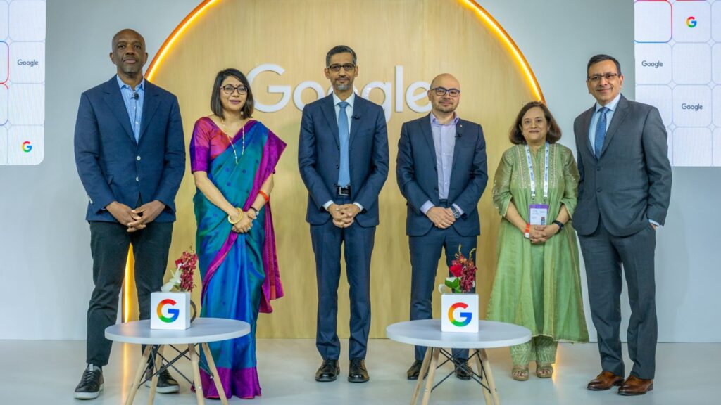 (Left to Right) James Manyika (SVP of Research, Labs, Technology & Society, Google), Preeti Lobana (VP & Country Manager, Google India), Sundar Pichai (CEO, Google & Alphabet), Demis Hassabis (CEO & Co-founder, Google Deepmind), Debjani Ghosh (Distinguished Fellow, Niti Ayog & Former President, NASSCOM) and Sanjay Gupta (President - Asia Pacific, Google) at Google’s media reception in Delhi. (Express Image/Google)