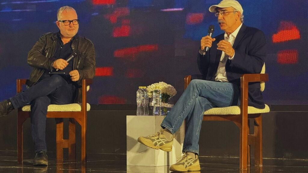 Ruchir Puri (right), chief scientist at IBM Research, outlines common failure modes in sovereign AI deployments at a session moderated by Mike Butcher (left), founder of Pathfounders. (Bijin Jose/The Indian Express).