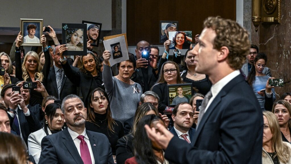 Mark Zuckerberg, Meta’s chief executive, turns and addresses family members of victims of online child abuse at a Senate Judiciary Committee hearing in Washington, Jan. 31, 2024. (Kenny Holston/The New York Times)